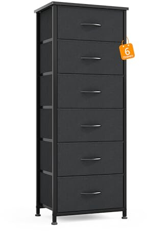 Kommode Schmal, Schubladenschrank, Aufbewahrungsschrank mit 6 Schubladen aus Stoff, Hoch und Schmale Holztop Komodenschrank Sideboard Möbel für Schlafzimmer/ Wohnzimmer/ Flur/ Kinderzimmer, Schwarz