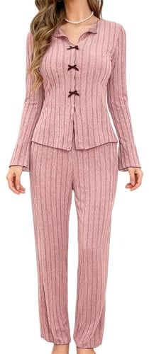 LXEASYGO Women's Long-Sleeve Pajama Set Soft Two Piece Pjs V Neck Button up Top and Comfy Pants Sleepwear Loungewear for Women (UK, Alpha, M, Regular, Regular, Pink)