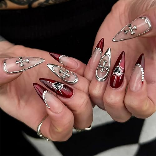Red French Tip Press On Nails – 24Pcs Long Stiletto Flase Nails - Red & Nude Base with Gothic Cross & Heart Accents Design - Full Cover Acrylic Nail Tips Stick On Nails for Women with Glue