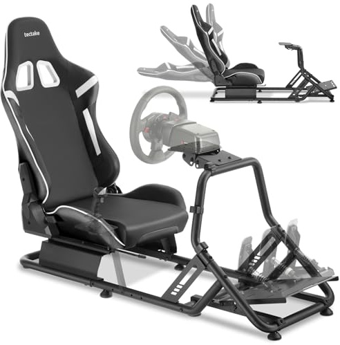 tectake® Sim Racing Cockpit kompatibel mit Fanatec, Logitech, Thrustmaster, GT-Style Rennsitz verstellbar, 120 kg belastbar, Gaming Stuhl Simulator, ohne Lenkrad Pedale, Stahlgestell - schwarz/schwarz