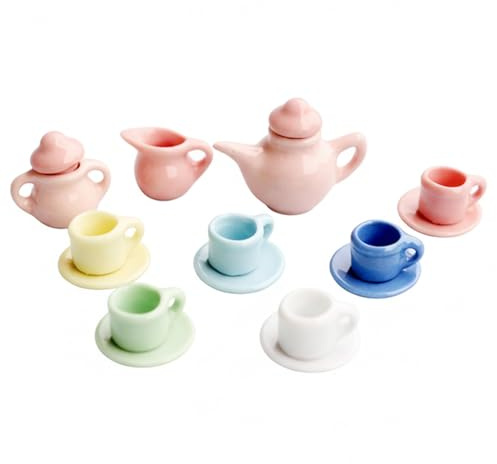 15 Piece Miniature Tea Set for Dollhouse Colorful Ceramic Mini Tea Cups & Accessories 1/12 Scale Dollhouse Decor