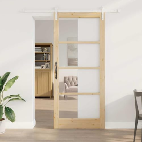 Puerta corredera ORKDAL Natural, 93 x 211 cm, madera maciza de pino y cristal, puerta de entrada exterior, puerta de entrada lateral, puerta delantera, hoja de puerta, tirador de puerta, puerta de