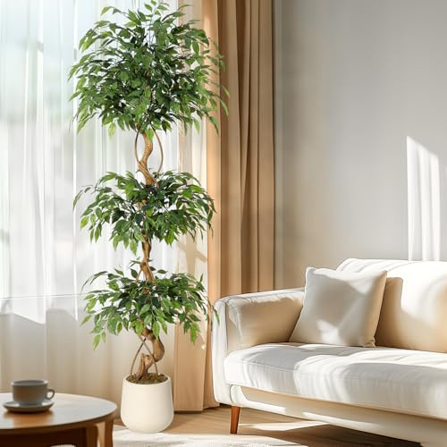 Aptliton Artificial Ficus Tree 180cm, Realistic Faux Weeping Fig Tree with Curved Wooden Trunk, Lifelike Silk Leaves, Potted Indoor Floor Plant with White Pot&Moss, Tall Decorative Tree for Home Décor