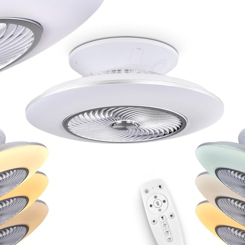 HOFSTEIN LED Deckenventilator Nagoya in Weiß/Chorm, LED Deckenleuchte mit Ventilator, 39 Watt, Ø 58 cm, dimmbar über Fernbedienung, 2700-5000 Kelvin, mit Timer-Funktion