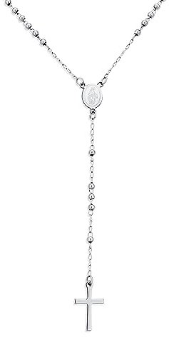 Bling Jewelry Religiös Christlich Zierlich 2MM Runde Kugel Perlen Glied Heilige Mutter Jungfrau Maria Zart Einfach Kreuz Gebet Rosenkranz Rosario Kette Für Frauen Teen Silber Ton Edelstahl