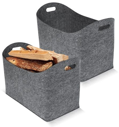HENGMEI Filztaschen für kaminholz 2 Stück Kaminholztasche Faltbar Filzkorb Kaminholzkorb Einkaufstasche Henkeltasche für Holz, Zeitungen, Maße 55 x 30 x 40 cm (Typ B, Grau)