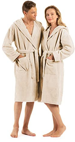 English Home Accappatoio con Cappuccio in Spugna di Spugna, Accappatoio in Spugna Assorbente con Strato Esterno in Morbido Pile, Vestaglia per Donna Uomo per Doccia Spa Hotel, Softy Triga, Beige, L