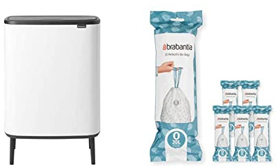 Brabantia Bo Touch Bin Hi - 2 x 30 Litre Inner Buckets (White) Waste/Recycling Kitchen Bin + O Liners Multipack Box (120 rolls)