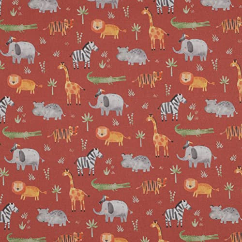 Stoff Meterware Kinderstoff Baumwollstoff Baumwolle - 1 Meter, Nähen, Bettwäsche, Kinder, Baby, Jungen, Mädchen, Bekleidung, Deko (Giraffe Löwe Elefant Zebra Rost)
