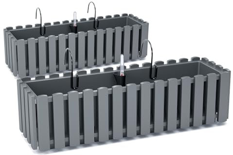 Tymar Blumenkasten mit Halterungen landhausstil, Balkonkasten lattenoptik, Pflanzkasten Landhaus, 2er-Pack, Garten, Balkon, Terrasse (Grau, 60 cm)
