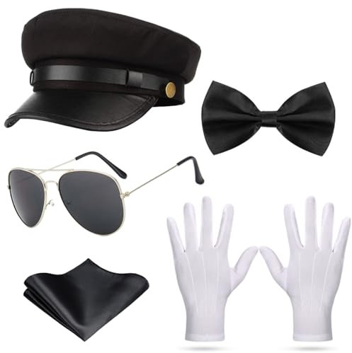 Chauffeur Kostüm Zubehör Set inklusive Limo Fahrerhut Fliege Weiße Handschuhe Schwarze Sonnenbrille (Style2)