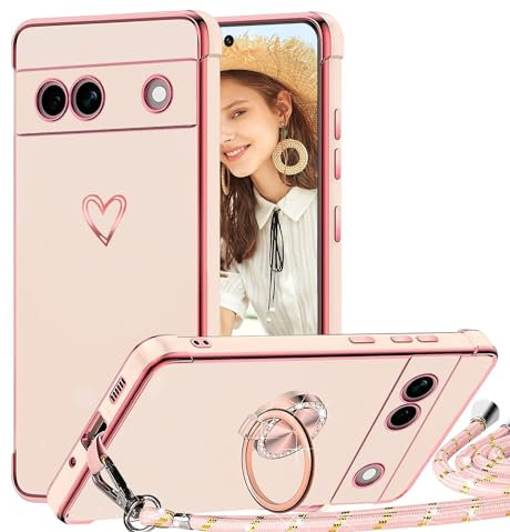 TVVTPU Handyband für Google Pixel 7A Hülle mit Band, Herz Muster Handyhülle mit Ring Ständer Stoßfeste Kratzfest TPU Bumper Schutzhülle mit Kordel zum Umhängen (Abnehmbar), Rosa