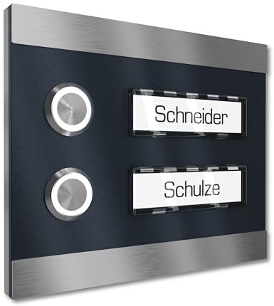 Graviers Design Aufputz Türklingel für Zweifamilienhaus 2 Namensschilder austauschbar - V2A Edelstahl Klingel 140x115 mm - Name Beleuchtung wählbar LED Taster für Zweifamilienhaus Klingelplatte