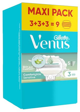 Gillette Venus ComfortGlide Lot De 9 Lames De Rechange, Recharges Avec 5 Lames Pour Un Rasage De Près, Avec Barres Hydratantes Pour Protéger La Peau Sensible