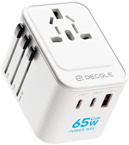 decqle Universal Travel Adapter, International Travel Plug Adapter with 2 USB-C(GaN 65W) & 1 USB-A Ports, All in One Portable Adaptor, for USA, UK, EU, AU & 224+ Countries (White)