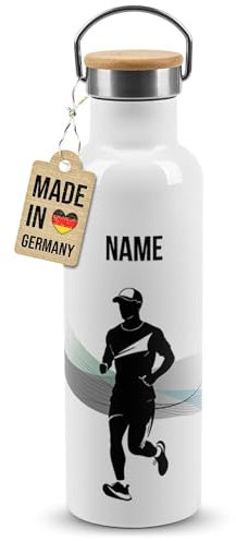 PR Print Royal Edelstahl-Trinkflasche für Sportler mit Name selbst gestalten - Joggen - Geschenk Sportler, Personalisierte Geschenke für Männer | Thermosflasche Weiß, 750 ml