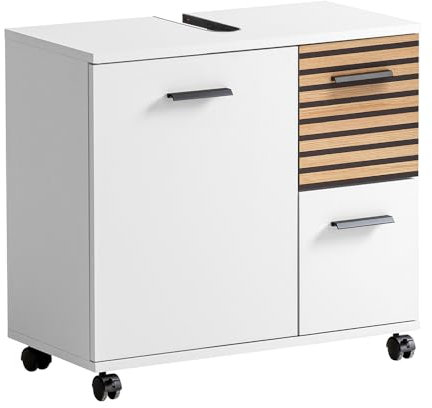 Lomadox Waschbeckenunterschrank Badezimmer Unterschrank weiß matt Akustikpaneel-Optik Siphonausschnitt Metallgriffe Rollen 65,1x60x32 cm