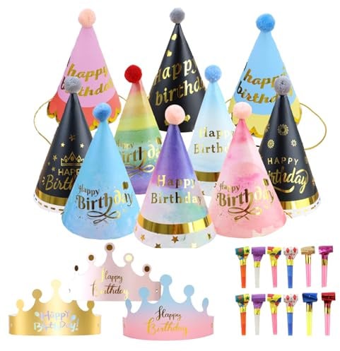 QSZHSL Set di 25 cappelli da festa, cappelli per feste di compleanno per bambini, coni con pompon di carta, cappelli per feste di compleanno per bambini, per feste di famiglia per bambini e adulti