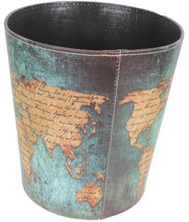 VICASKY Retro Papierkorb Leder Müllcontainer Ohne Deckel Britischer Stil Grün Kartendesign Wohnungsdekor Abfallbehälter