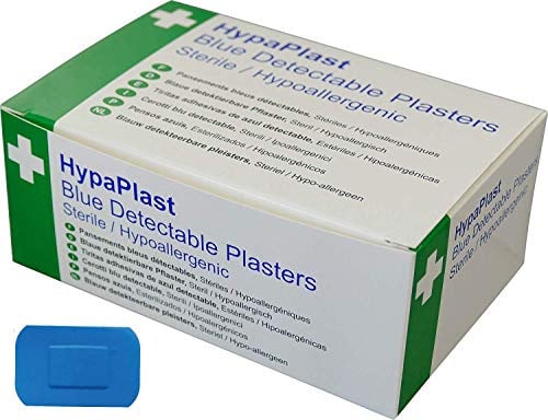 Safety First Aid HypaPlast Pack of 100 Metal Detectable Plasters | 7.2cm x 5cm - Blue Sterile and Hypoallergenic Plasters for Catering
