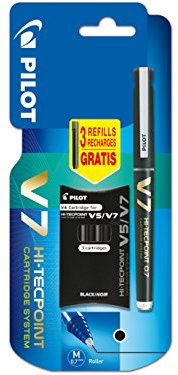 Pilot V7 Cartridge System Liquid Ink Rollerball 0.7 mm Tip - Black, Single Pen with 3 Free Refills