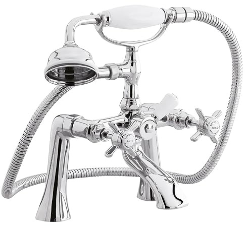 Balterley Bath Mixer Tap with Shower Kit, Dual Crosshead Traditional Bath Filler Tap, Traditional Head Showers for Bathrooms, Bathroom Taps with Shower Head and Hose Set - 220 x 165 x 282mm (Chrome)