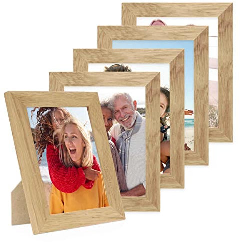 PHOTOLINI Bilderrahmen 15x20 Holz Eiche, 5er Set breite Bilderrahmen 20x15 Holz, Picture Frame mit Acrylglas, Bilderrahmen 15 x 20 cm Eiche zum Aufhängen & Aufstellen, Rahmen 15x20 mit Zubehör