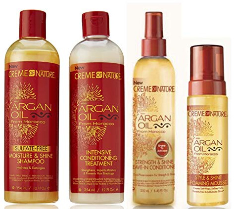 Crème Of Nature | 4er-Set mit Arganöl | Shampoo ohne Sulfate, 354 ml | Intensive Spülung, 354 ml | Leave-In-Spülung, 250 ml | Stylingschaum für glänzendes Haar, 250 ml