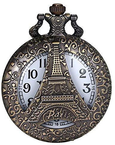 JewelryWe Taschenuhr Vintage Eiffelturm Hohle Openwork Quarz Analog Uhr mit Kette Halskette Bronze Geschenk für Herren Damen