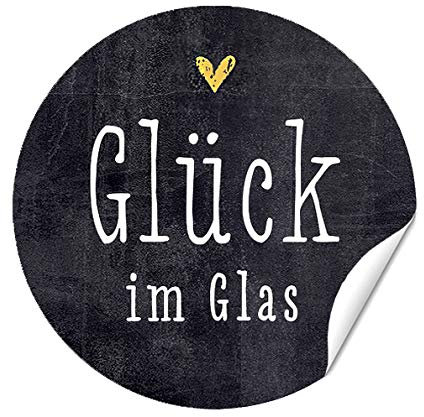 Aufkleber Etikett Glück im Glas mit Herzchen, goldgelb auf TAFEL-LOOK, Honigetiketten, Marmeladeetiketten, Sticker, 40mm