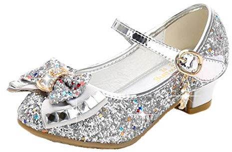 Mama Stadt Prinzessin Schuhe Glitzer Kinder Stöckelschuhe Pailletten Cosplay Schuhe Partys Hochzeiten Klett Sandalen Elegante Schuhe mit Absatz, Silber/ 34