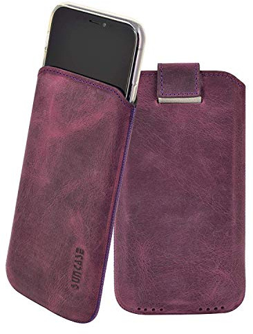 Suncase ECHT Leder Tasche kompatibel mit iPhone 11 Pro Max (6.5) mit ZUSÄTZLICHER Transparent Hülle | Schale | Silikon Bumper Handytasche (mit Rückzugsfunktion und Magnetverschluss) in antik-lila