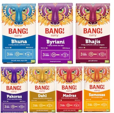 Bang Curry Feast Box, Curry Sauce kits and Spice gift set | Authentic and Easy to use | Restaurant style | Quick and Airfryer Friendly | 100% natural, Vegan Friendly and Gluten free gifts for men
