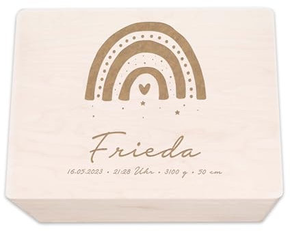 hellomini Personalisierte Erinnerungsbox aus Holz • Gravierte Aufbewahrungsbox mit Namen & Geburtsdaten • Geschenk zur Geburt, Taufe & Geburtstag • Hochwertige Baby-Erinnerungskiste (Regenbogen)