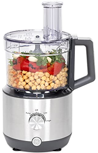 GE Food Processor | 12 Cup | Complete With 3 Feeding Tubes & Stainless Steel Accessories - 3 Discs + Dough Blade | 3 Speed | Great for Shredded Cheese, Chicken & More | Kitchen Essentials | 550 Watts