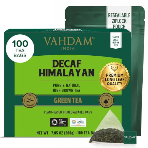 VAHDAM Entkoffeinierter Grüner Tee Beutel | 100 Pyramidenbeutel | Koffeinfrei | Hochwertiger Grüner Tee aus Indien | Natürlich & Hochland | Loseblatt-Qualität | Hergestellt in Indien