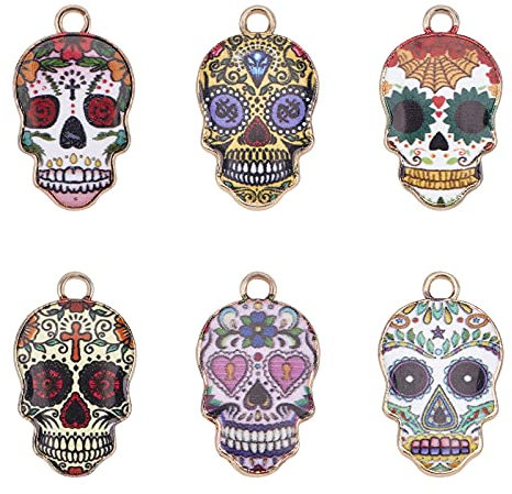 PandaHall 6 Farbe Schädelkopf Emaille Charms 36pcs Halloween Skull Bead Anhänger Charm Anhänger Für Frauen Männer Halskette, Armband, Ohrring Schmuckherstellung