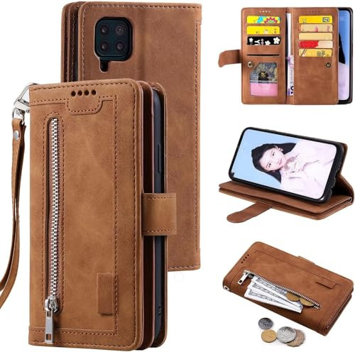 UEEBAI Coque pour Samsung Galaxy A12 5G, Etui en Cuir PU Portefeuille Rétro Antichoc Flip Case Anti-Choc Housse avec Fentes de Cartes Fonction Support, Fermeture Magnétique - Brun