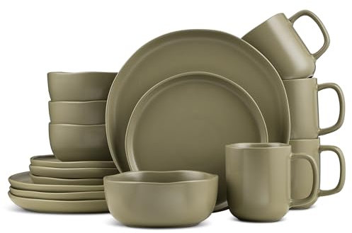 Stone Lain Tom Stoneware 16-Piece Reactive Glaze Dinnerware Set, Plates and Bowls Set, Microwave and Dishwasher Safe Dish Set for 4, Olive