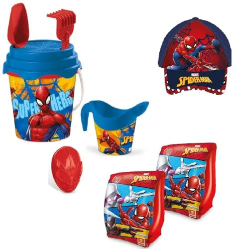 Kit Mare Bambino SPIDERMAN Set Spiaggia SECCHIELLO + CAPPELLO ESTIVO VISIERA + SALVAGENTE Spiaggia Gonfiabile Giochi Spiaggia Sabbia Uomo Ragno