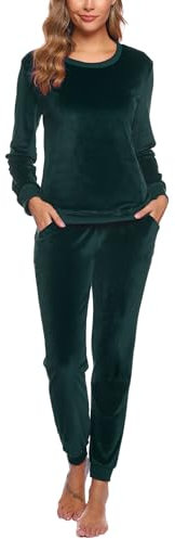 Wayleb Pyjama Set Damen Langarm Velor Schlafanzug Kuschelig Frauen Lounge Wear Set Warm Freizeitanzug Hausanzug mit Lässiger Jogginganzug mit Taschen Zweiteiliger, Grün XXL