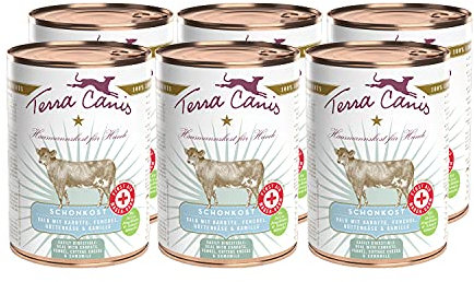 Terra Canis Kalb, Karotte & Fenchel - Magen-Darm-Schonkost, 6x400g I Premium Nahrungsergänzung in 100% Lebensmittelqualität Aller Rohstoffe I Allergenarm, Getreide - & glutenfrei
