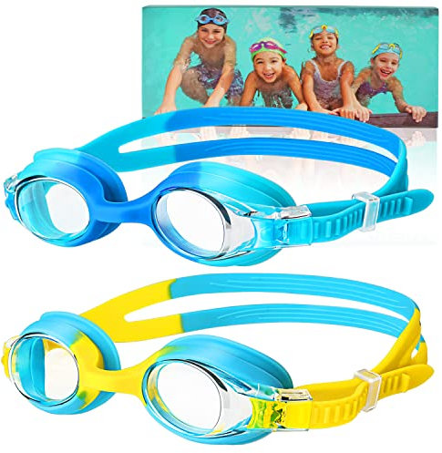 DOBET Schwimmbrille für Kinder, 2 Stücke Kinder Schwimmbrille, Antibeschlag UV Schutz Profi Schwimmbrille für Kinder Jungen Mädchen Alter 6-14 Jahre (Blau-Gelb)