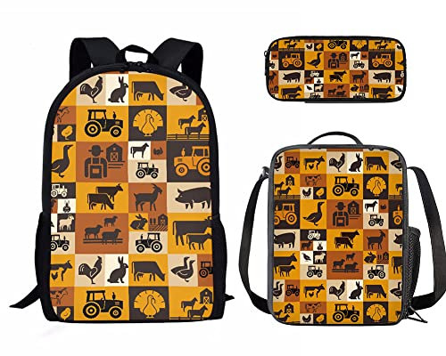 Kuiaobaty Wolf Rucksäcke Sets für Mädchen Jungen Kuh Druck Leichter Rucksack Lunch Bag Federmäppchen Galaxy Schultasche Lama, Menschliches Auto Tier, Schulranzen-Set