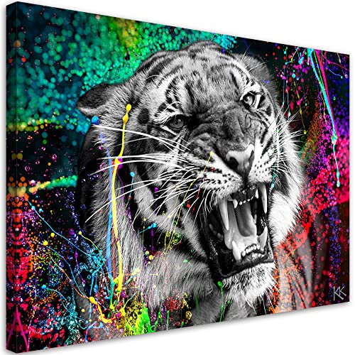 Feeby Wandbilder XXL Tiger Tiere Abstrakt 120x80 cm Leinwandbild 1-teilig Kunst Bilder Schlafzimmer Deko Wohnzimmer Flur Aquarell Farbflecken Schwarz bunt
