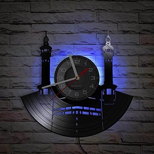 Vinyl-Wanduhr Mit LED-Nachtlichtfunktion - Leuchtturm, Schiff, Geschenk für Seeschiff, Heimdekoration, Sieben Farben