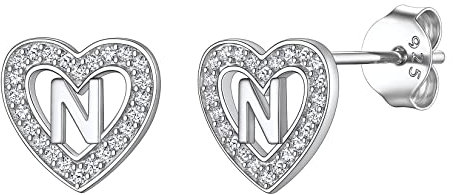 Suplight Ohrringe Buchstabe N Damen Herz Ohrstecker Silber 925 Medizinische Ohrringe Kinder weißgold Kristall Nickel frei Ohrschmuck für Valentinstag Geburtstag