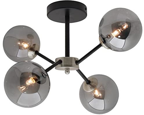 4 Light Cluster Ceiling Spotlight Glass Globe Lamp Shades Smoked Grey, Semi Flush Mount Black Modern Light Fitting H3059 with G9 LED 5w Warm
