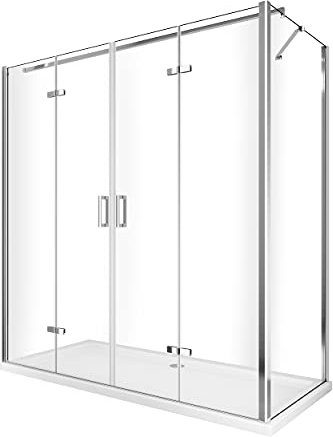 Douche angulaire avec ouverture vers l'intérieur pliante et paroi fixe latérale réversible (87,5-90 fixe x porte 168,5-172)