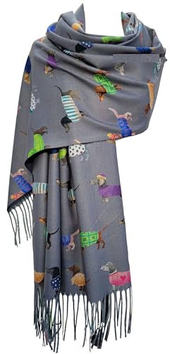 GFM® DGSHL-A Schal mit Dackel-Motiv, Kaschmir-Textur, für Herbst und Winter, Dg-41, Grau, L